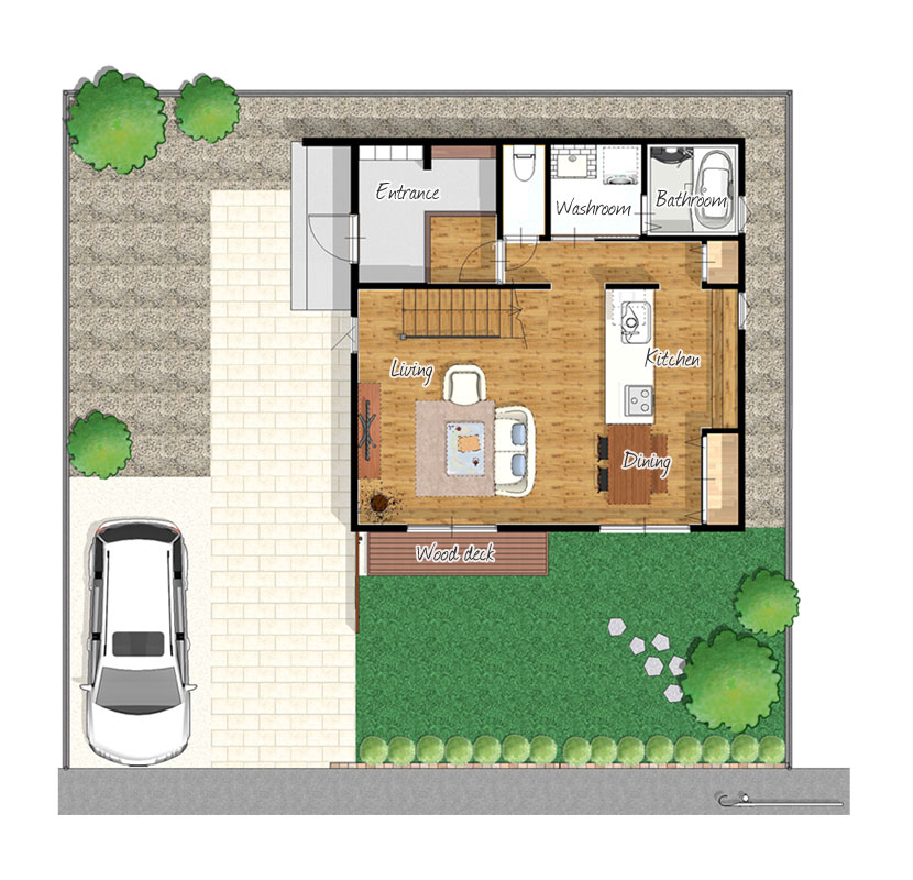 [1階間取り図]Entrance、Living、Kitchen、Dining、Wood deck、Washroom、Bathroom