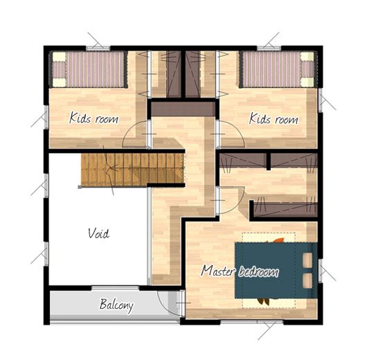 [2階間取り図]Master bedroom、Kids room×2、Balcony、Void